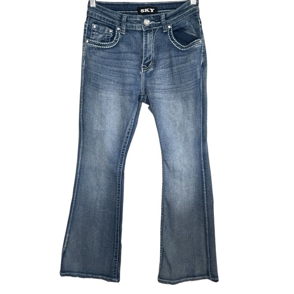 Vintage Sky Y2k Flare Jeans 7/8 Rhinestones Embroidered Indie Hipster Retro 90s - Picture 2 of 12
